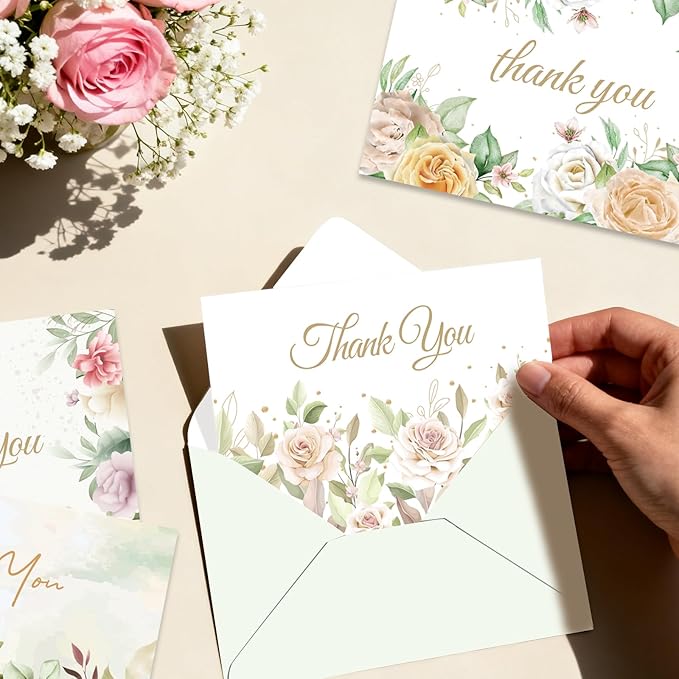 48Pcs Thank You Cards with Envelopes and Stickers for Weddings, Bridal Shower, Baby Shower, Small Business