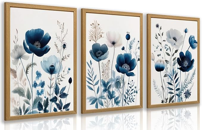 LLEEMPI Navy Blue Floral Wall Art Set of 3, Modern Wildflower Wall Decor, Watercolor Botanical Canvas Paintings, Classic Minimalist Poster Prints for Bedroom Bathroom Office Wood Framed 12x16 Inch