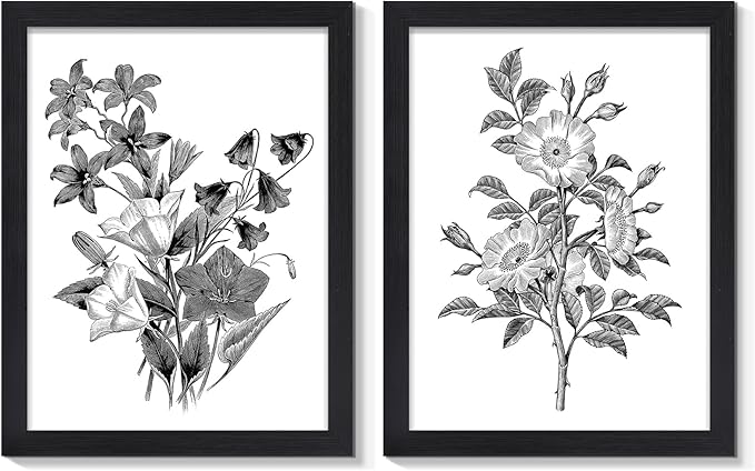 JOWOROLO Framed Vintage Botanical Prints, Black and White floral Canvas Wall Art, Farmhouse Decor Pictures for Living Room, Aesthetic Poster for Bedroom, Set of 2 Rustic Artwork, Boho Decor 12"x16"