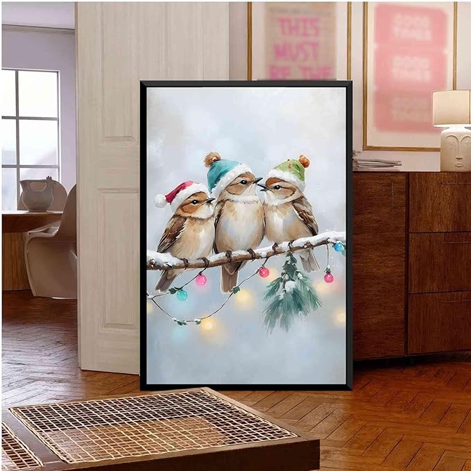 Framed Canvas Wall Art Christmas Birds Winter Art Print Wall Art Holiday Poster Trendy Christmas Decor 12x18in Metal blackFramed