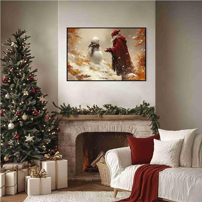 Vintage Christmas Canvas Painting Santa with Snowman Christmas Character Canvas Wall Art Holiday Winter Poster Indoor Decor for Home Offices Living Room Bedroom Dining Room Framed Ready to Hang