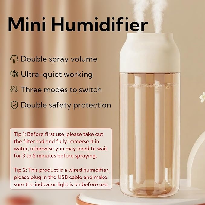Portable Small Humidifier Dual Nozzle - Large Cool Mist Humidifiers Double Spray Ports, Water Shortage Protection, Ultra-Quiet, Mini Humidifier for Bedroom Plants Office Car Travel (P07)
