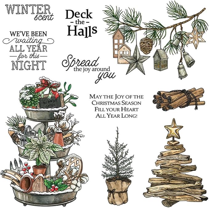 Christmas Platter Wooden Sticks Stamps and Cutting Dies for Card Making DIY Transparent Silicone Clear Stamp and Metal Die Cuts Sets for Scrapbooking Paper Greeting Cards Decor Seals Craft Supplies
