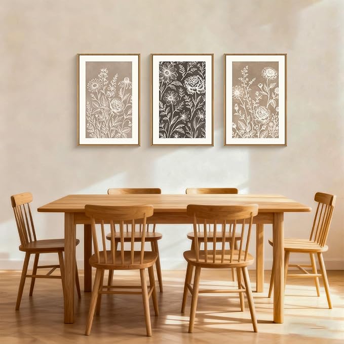 Vintage Flower Framed Canvas Wall Art Set,Modern Nature Wildflower Wall Decor, Neutral Brown Black Floral Art Prints,Natural Botanical Artwork for Living Room, Bedroom,Farmhouse- 24"x36"x3