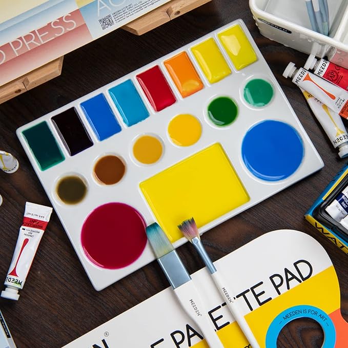 MEEDEN Ceramic Watercolor Palette,17-Well White Porcelain Mixing Tray Artist Painting Palette, Rectangle Painting Tray Palettes for Watercolor Gouache Acrylic Painting 9" x 6.5"