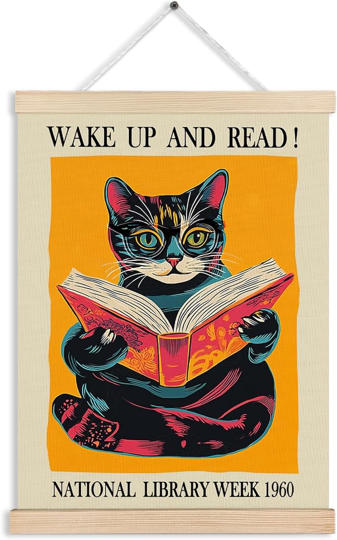 Vintage Cat and Book Wall Art, Book Posters, Library Reading Nook Decor, Wake Up and Read Cat Reading Canvas Wall Art Poster Hanger Frame for Reading Room Corner Classroom Decor, 12x16 Inch