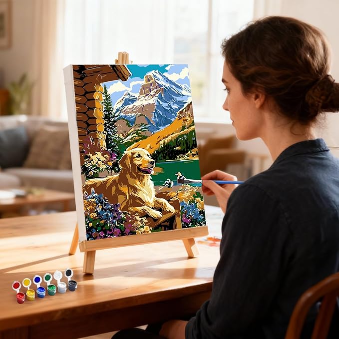 MXJSUA Cabin Dog Framed Paint by Numbers for Adults Beginners, Easy Adults' Paint-by-Number Kits on Canvas with Easel, Animal Acrylic Number Painting Crafts Kits Gifts for Home Decor, 8x12inch