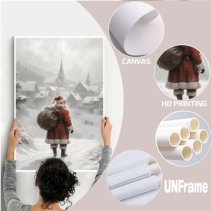Canvas Wall Art Vintage Santa Claus Wall Art Farmhouse Christmas Print Festive Holiday Home Decor Santa Claus Painting 32x48in-UnFramed