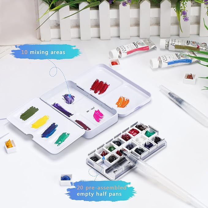 PEVART Empty Watercolor Paint Palette,Metal Box Mixing Palette Case with 50 Water Color Half Pans and Fold-Out Palette Tin Paint Tray Travel Watercolor Set,Acrylic,Gouache, Oil Painting