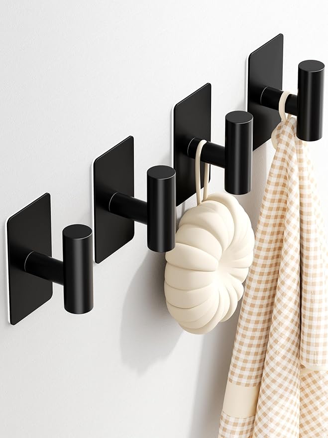 Towel Hooks for Bathrooms – 4 Pack, Matte Black Finish, T-Shaped Stainless Steel Adhesive Wall Hooks for Robes & Towels in Kitchen, Shower, or Closet