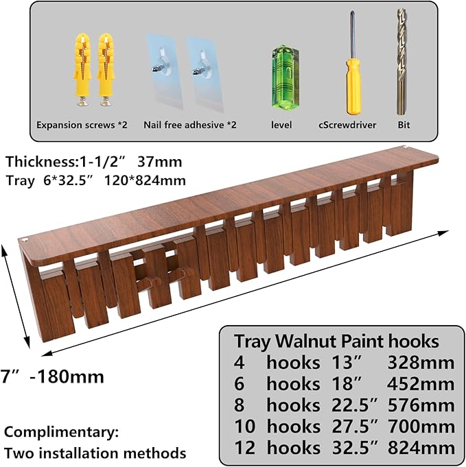 Wall Mounted Piano Key Hanger | Flip Style Hook | Entrance Wall Art Hook, Made of Oak Wood (3 Times Painted, 4 Times Polished) (Tray Walnut, 4Hooks)