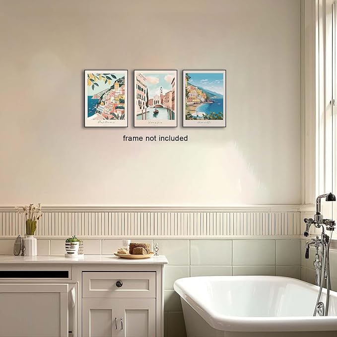 XLARTMY Italy Amalfi Coast Travel Posters Wall Art Canvas Decor City Landscape Blue Venice Coast Painting Beach Modern Artwork for Living Room Bedroom Bathroom Office Set of 3 12x16in Unframed