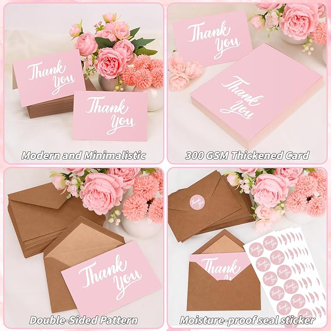600 Pcs Pink Thank You Cards Bulk with Kraft Envelopes and Stickers 4x6 Inch Blank Thank You Notes Box Set Minimalistic Design for Business Wedding Baby Shower Graduation Bridal Shower Christmas
