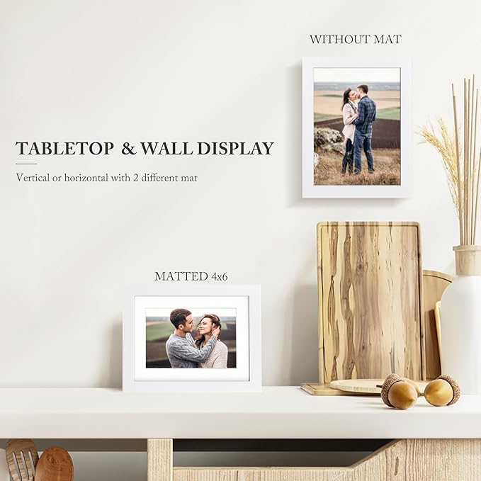 KINLINK 6x8 Picture Frame White, Solid Wood Frames with Acrylic Plexiglass for Pictures 4x6 with Mat or 6x8 without Mat, Tabletop and Wall Display Photo Frame, Set of 4