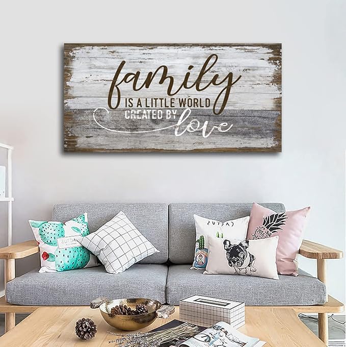 Family Is a Little World Created by Love Canvas Wall Art Rustic Letters Prints Retro Farmhouse Wooden Board Canvas Pictures Wall Decor Vintage Canvas Artwork for Living Room Decoration 20" x 40"