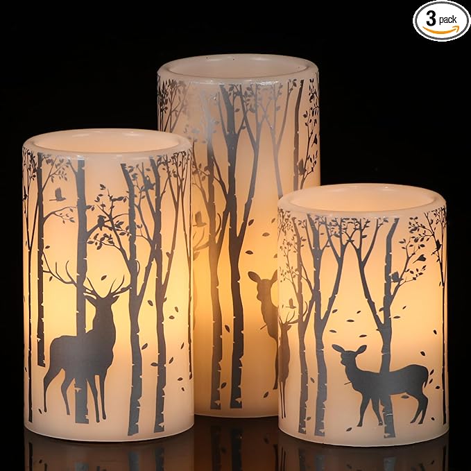 GenSwin Flameless Candles with Timer, Christmas LED Flickering Candles Real Wax with Silver Deer Decals, 3 Pack Pillar Fake Candle for Winter Indoor Fireplace Christmas Decor(D3” x H4”5”6”)