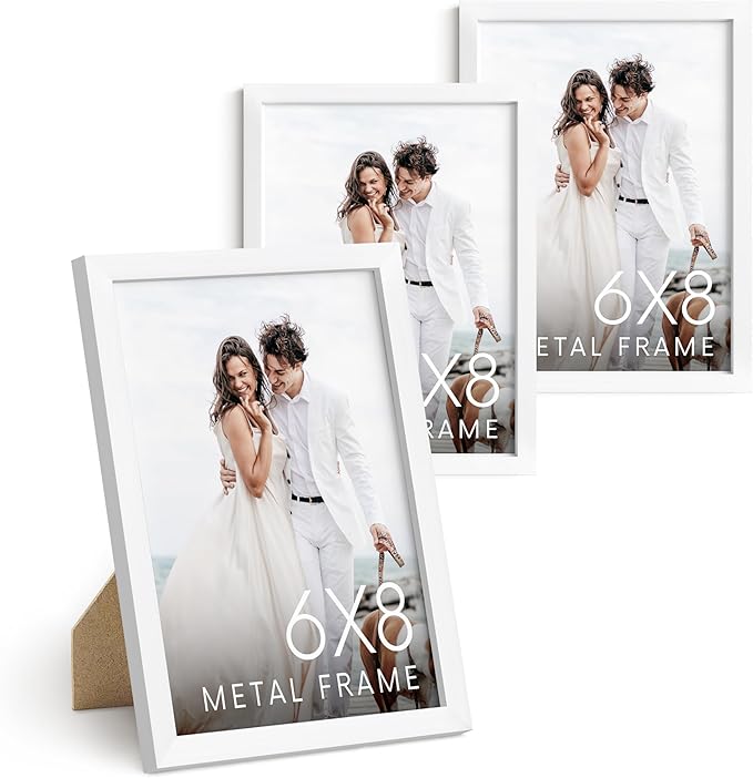 HAUS AND HUES 6x8 White Aluminum Frame Set of 3 - Vertical Hanging, Easel Back for Tabletop, Shatterproof Plexiglass (6x8 in, White)