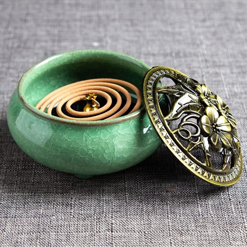 Colorful Ceramic Ice Cracked Incense Burner, Household Incense Holder, Zen Buddha Cone Coil Stick Incense Base with Cover (Green) - Image 4