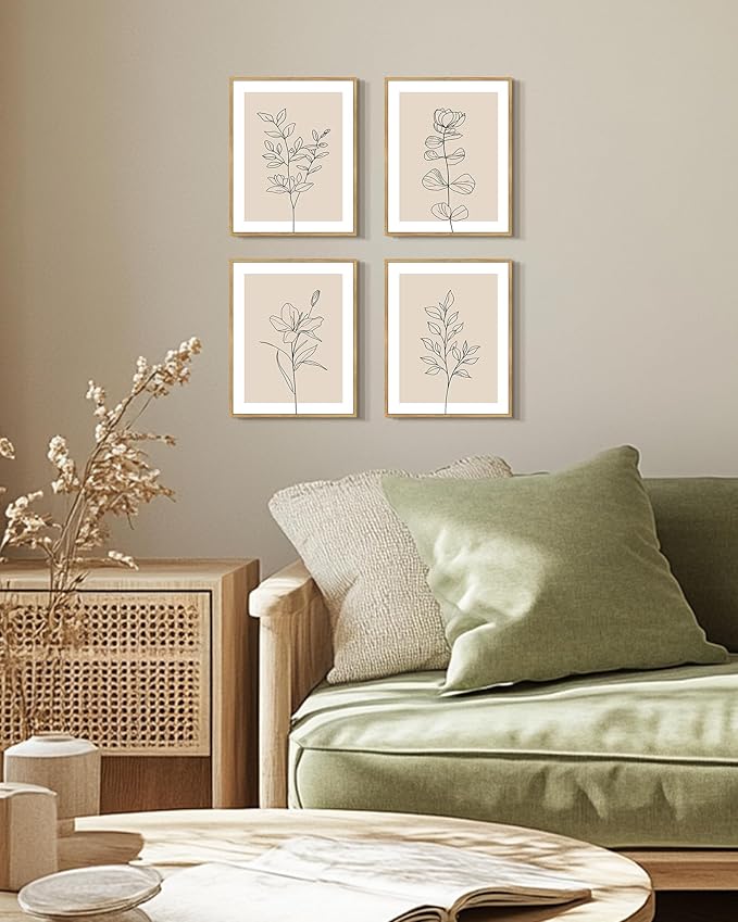 Drsoum Botanical Boho Framed Wall Art Wooded Minimalist Aesthetic Flower Prints Farmhouse Retro Plants Rustic Bathroom Kitchen Home Decor Ready to Hang 8x10inx4pcs (Natural Framed)