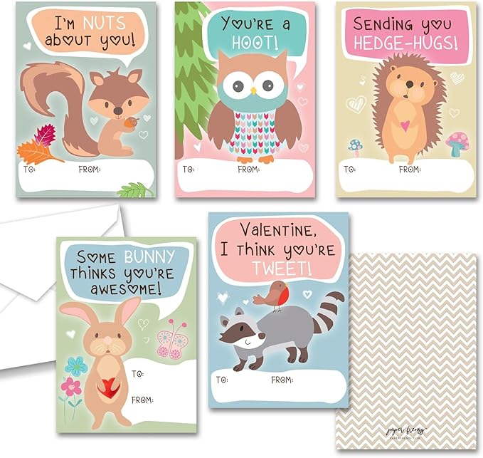 Paper Frenzy Woodland Animals Themed Valentines - 25 pack WITH ENVELOPES