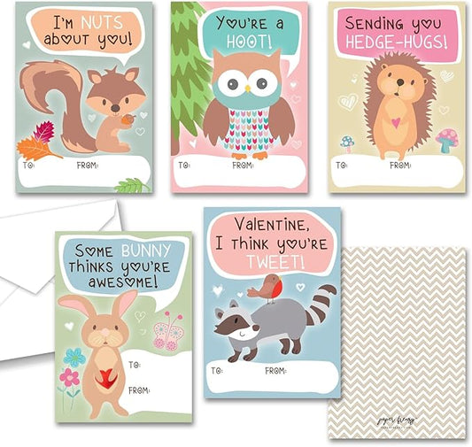 Paper Frenzy Woodland Animals Themed Valentines - 25 pack WITH ENVELOPES