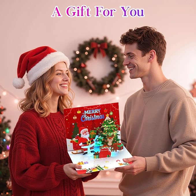 Christmas Cards, Light and Music Merry Christmas Card, 3D Pop Up Greeting Card with Christmas Tree and Santa for Women Men Kids Husband Wife Mom Dad Daughter