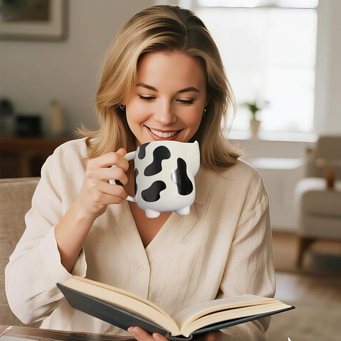 Yuwu 17oz Cow Mug with Built-in Tea Bag Holder and Spoon – Cute Glossy Ceramic Animal Cup for Milk Tea, Coffee, Kids, Girls – Farm Gift for Birthday, Christmas (whit)