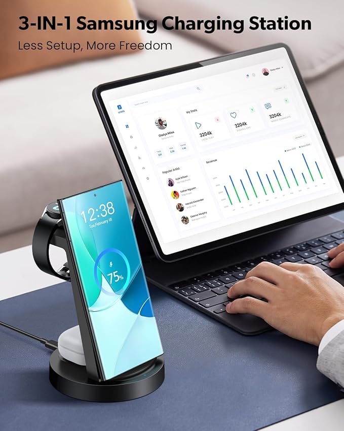 Wireless Charger for Samsung: 3 in 1 Wireless Charging Station for Samsung Galaxy Watch 8 7 6 5 4 3 Pro Classic Galaxy Buds - Charger Dock Stand for S25 S24 Ultra S23 S22 S21 Note Z Fold Android