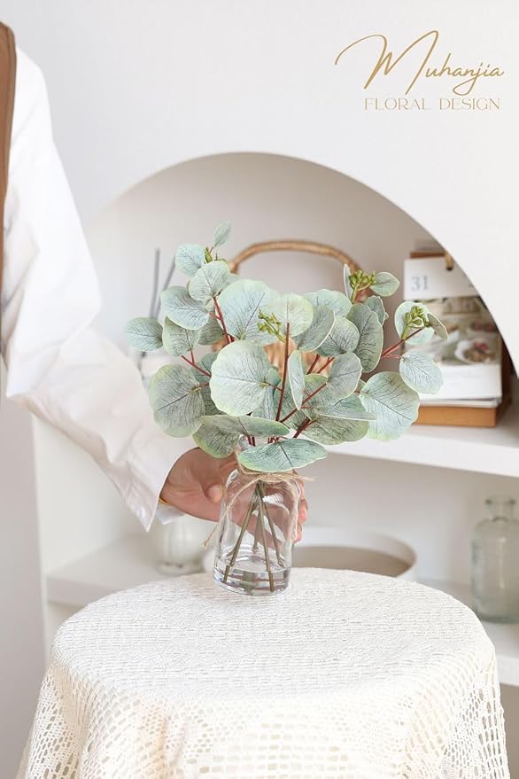 Muhanjia Artificial Eucalyptus Stems in Glass Vase with Faux Water,5Pcs Fake Plant with Double-Sided Leaves and Green Seeds for Centerpiece (Double-Sided Green Eucalyptus with Seed)