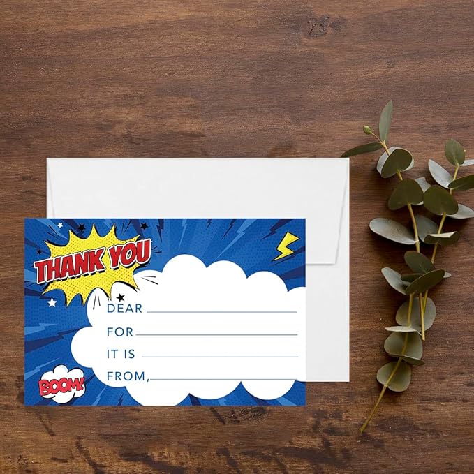 Andaz Press Kids Fill in the Blank Thank You Cards 20 Cards Including Envelopes Superhero Comic Theme Gender Neutral Note Cards For Boys Girls Birthday Thank You Notes for Friends Family Party Guests