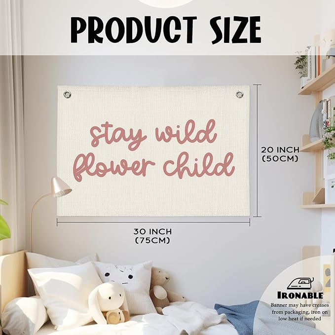 Girls Room Nursery Decor, Stay Wild Flower Child Linen Canvas Banner Wall Hanging Flag Decor for Little Toddler Baby Girls Room Playroom, Baby Shower Girl Decorations