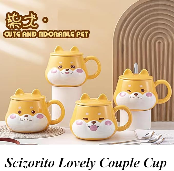 Cute Dog Couple Cup, Ceramic Coffee Mug with a Lid, Perfect as a Gift for Your Family and Friends (Cup C)