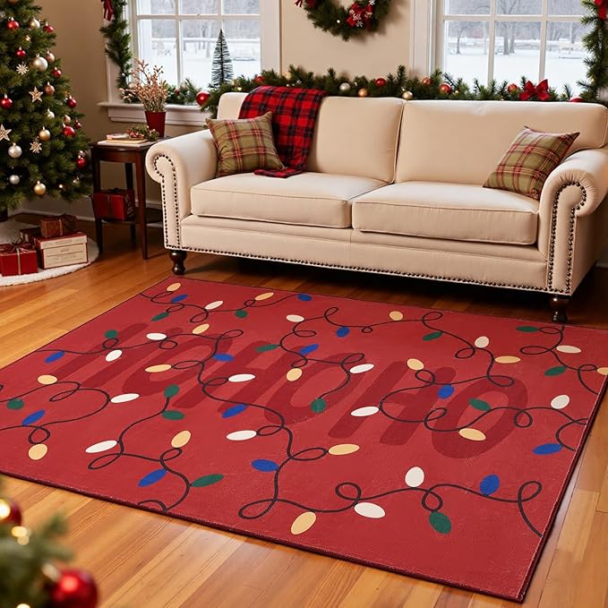 jinchan Jingle Lights Christmas Rug 4x6 for Living Room Bedroom Red Holiday Decorative Rug for Dining Room Foyer Colored String Lights Printed Xmas Decor Washable Non Slip Floor Carpet