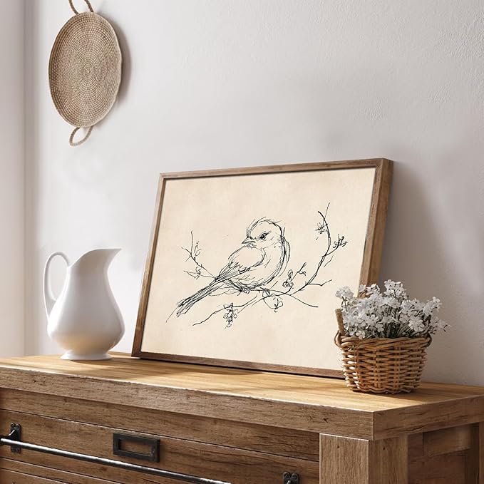uniro Vintage Wall Art Prints Farmhouse Decor Bird Sketch Canvas Oil Painting Neutral Bird Line Drawing Beige Decor Minimalist Spring Artwork Pictures for Bedroom Gallery Living Room De cor (8" x 10"-UNFRAMED)