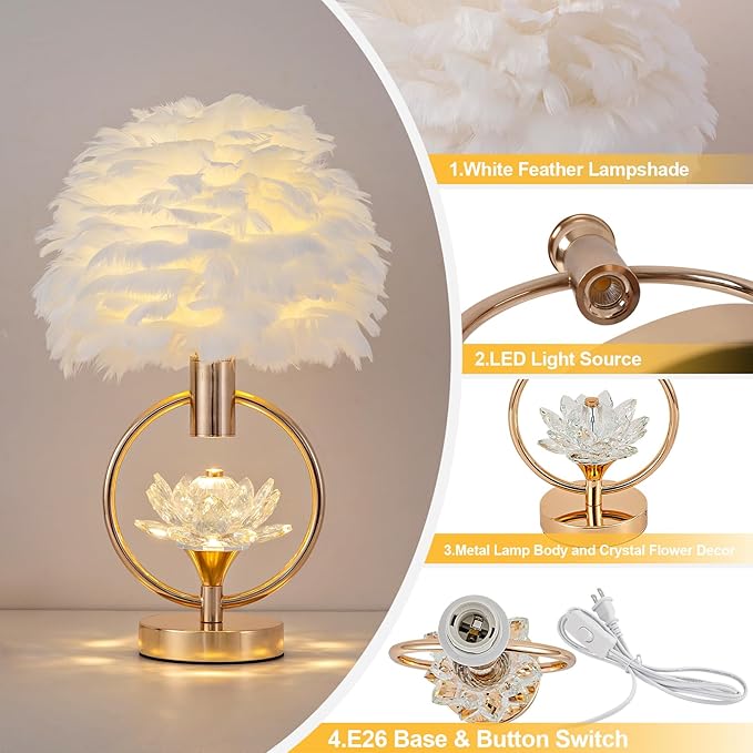 ZYLEIESENBAO Chic White Feather Lamp 17IN Modern Crystal Fluffy Table Lamp Cute Romantic Bedside Nightstand Light Nordic Desk Lamp for Girl Bedroom Living Room Entry Office Wedding Christmas Gift