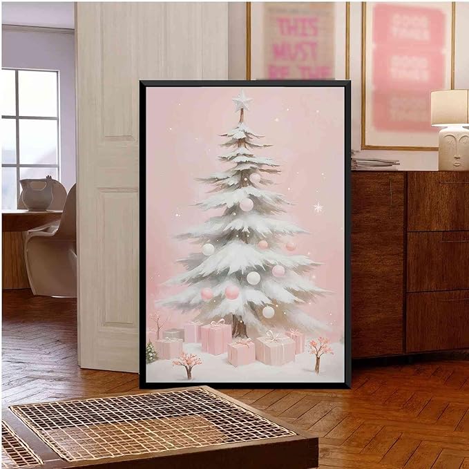 Framed Canvas Wall Art Pink Christmas Tree Wall Art Print Holiday Poster Trendy Christmas Decor 12x18in Metal blackFramed