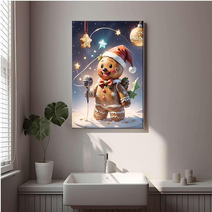 Framed Canvas Wall Art festive gingerbread character Funny Christmas Poster Trendy Christmas Decor 20x30in Wood Framed