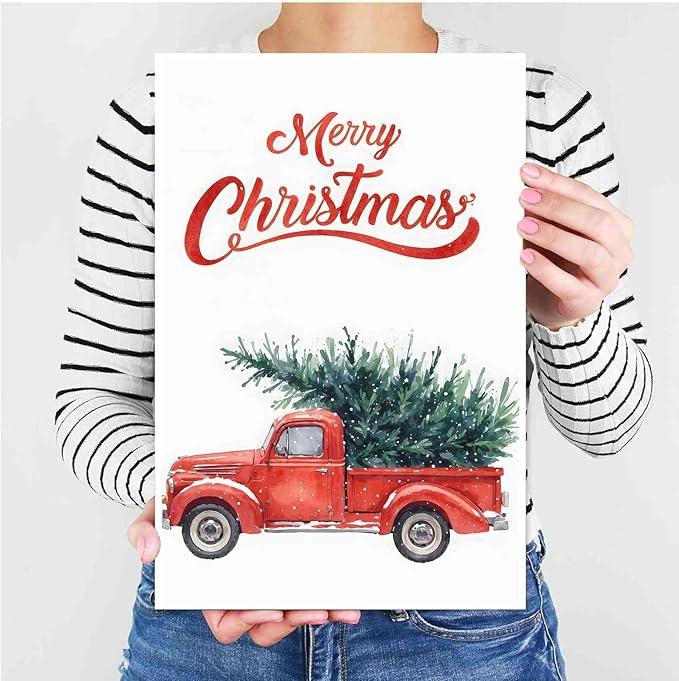 Canvas Wall Art Christmas Truck Print Red Vintage Pickup Truck Christmas Tree Home Decor Holiday Wall Art Watercolor Painting 16x24in-UnFramed