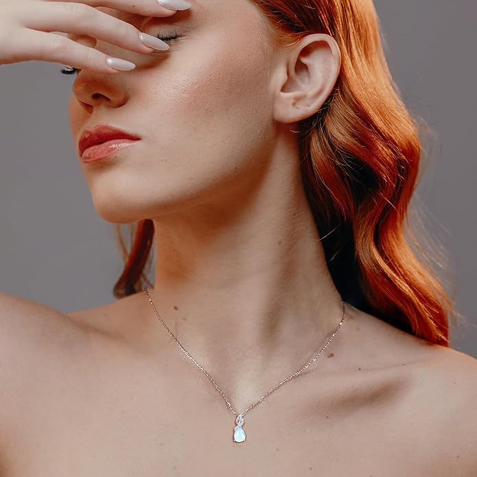 FANCIME 14K Solid White Gold Teardrop Pendant with Diamond Birthstone Necklace