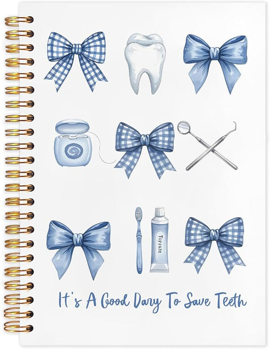 WUCHJ Dentist Gifts Notebook, Dental Hygienist Gifts Journal, Coquette Blue Checkered Bow Dental Spiral Notebook Journal for Note Taking, Dentist Office Supplies, 5.5x8.3 Inch