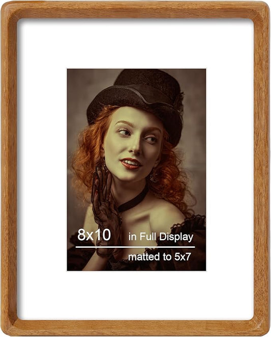 8x10 Picture Frame Natural Teak Wood with Mat for 5x7, Original Natural Solid Wood 8 by 10 Photo Frames with Tempered Glass Cover for Wall and Tabletop Display