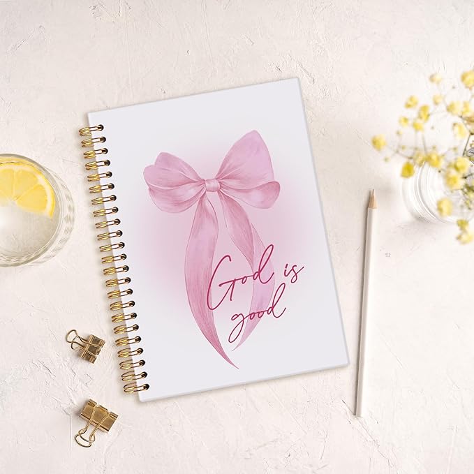 MOFUYU Prayer Journal for Woman,Bible Study Notebook,Coquette Pink Bow Notebook for Bible Notes,God is Good,Cute Notebooks for Women,Pink School Supplies Hardcover Spiral Notebook 5.5x8.3 Inch