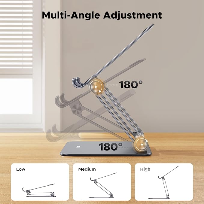 UGREEN Tablet Stand Holder for Desk Dual Rod Support Aluminum Tablet Holder Adjustable Multi-Angle Home Office Accessories Compatible with iPad Pro 13 12 11 10.5 Air Mini 5 4 3 2 Phone E-Reader Grey