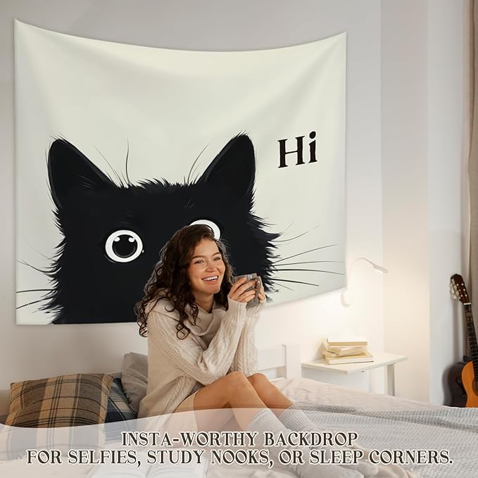 STHTTSW Black Cat Tapestry, Cute Cat Tapestries Wall Blanket, Cat Animal Lover Gifts Wall Hanging Decor for Dorm Home Living Room Bedroom Nursery, 50x60 Inch