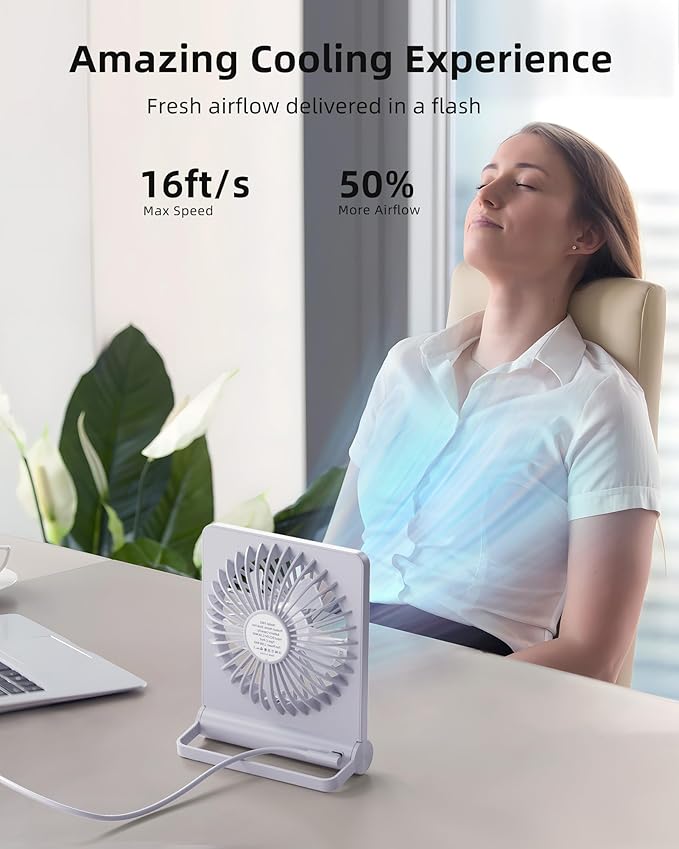 Koonie USB Fan, Strong Wind Ultra Quiet Small Desk Fan 220° Tilt Folding 3 Speeds Adjustable USB-C Powered Personal Fan for Home Office Desktop, White, NO BATTERY
