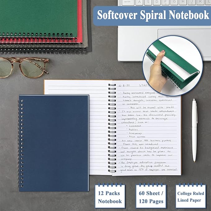 GINMLYDA 12Pack Small Spiral Notebook A5, 8.25x5.5” 120 Lined Pages Wide Ruled Spiral Journal Bulk Blank Kraft Cover Spiral Bound Notebook & Writing Pads for Home Office Meeting Work Note Taking