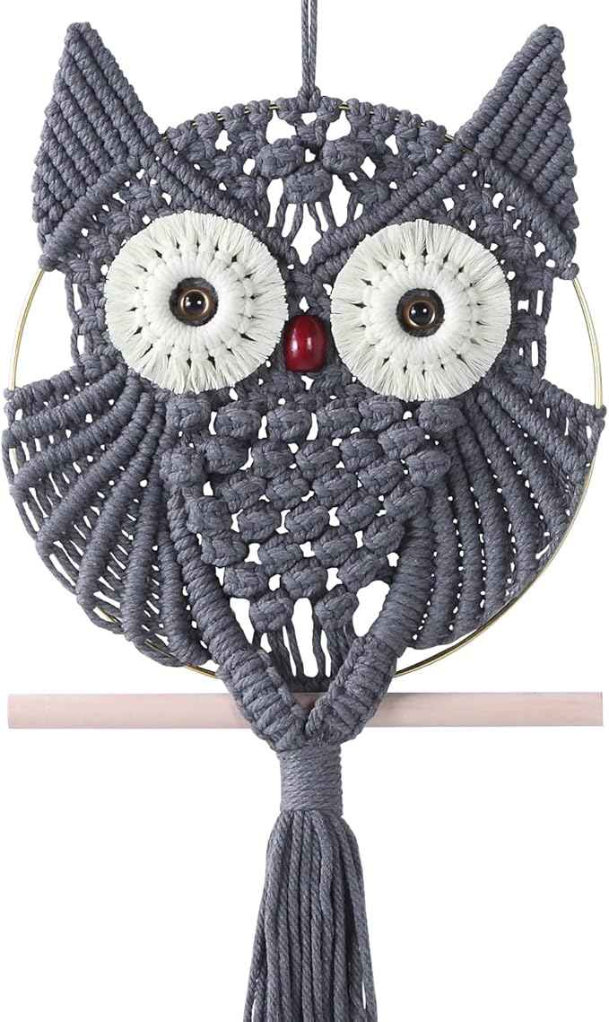 MVSUTA Owl Grey Cotton Handmade Macrame Wall Hanging Tapestry Home Decor Art and Gray Craft Wonderful Woven Boho Ornament for Office Bedroom Apartment Living Nursery Gallery,1pc Middle size:9.8" W x