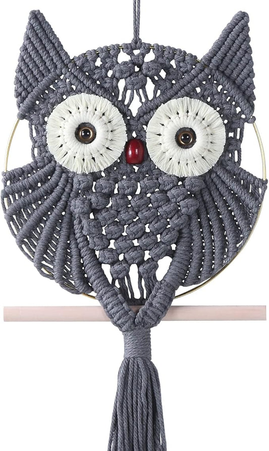 MVSUTA Owl Grey Cotton Handmade Macrame Wall Hanging Tapestry Home Decor Art and Gray Craft Wonderful Woven Boho Ornament for Office Bedroom Apartment Living Nursery Gallery,1pc Middle size:9.8" W x