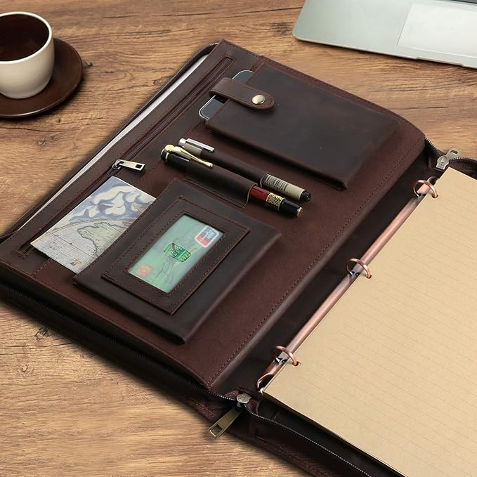 Professional Leather Business Padfolio Portfolio Case, 3 Ring Binder,Zippered Business Document Organizer Tablet Holder Folder Case,with Letter Size Notepad (Dark Brown Upgraded Version)