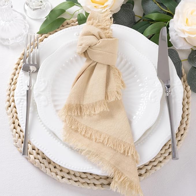 6 Pack Champagne Cotton Linen Napkins with Fringe Spring Cloth Napkins Set of 6 Boho Handmade Dinner Napkins Bulk for Wedding Bridal Baby Shower Valentine's Day, 17 x 17 Inches